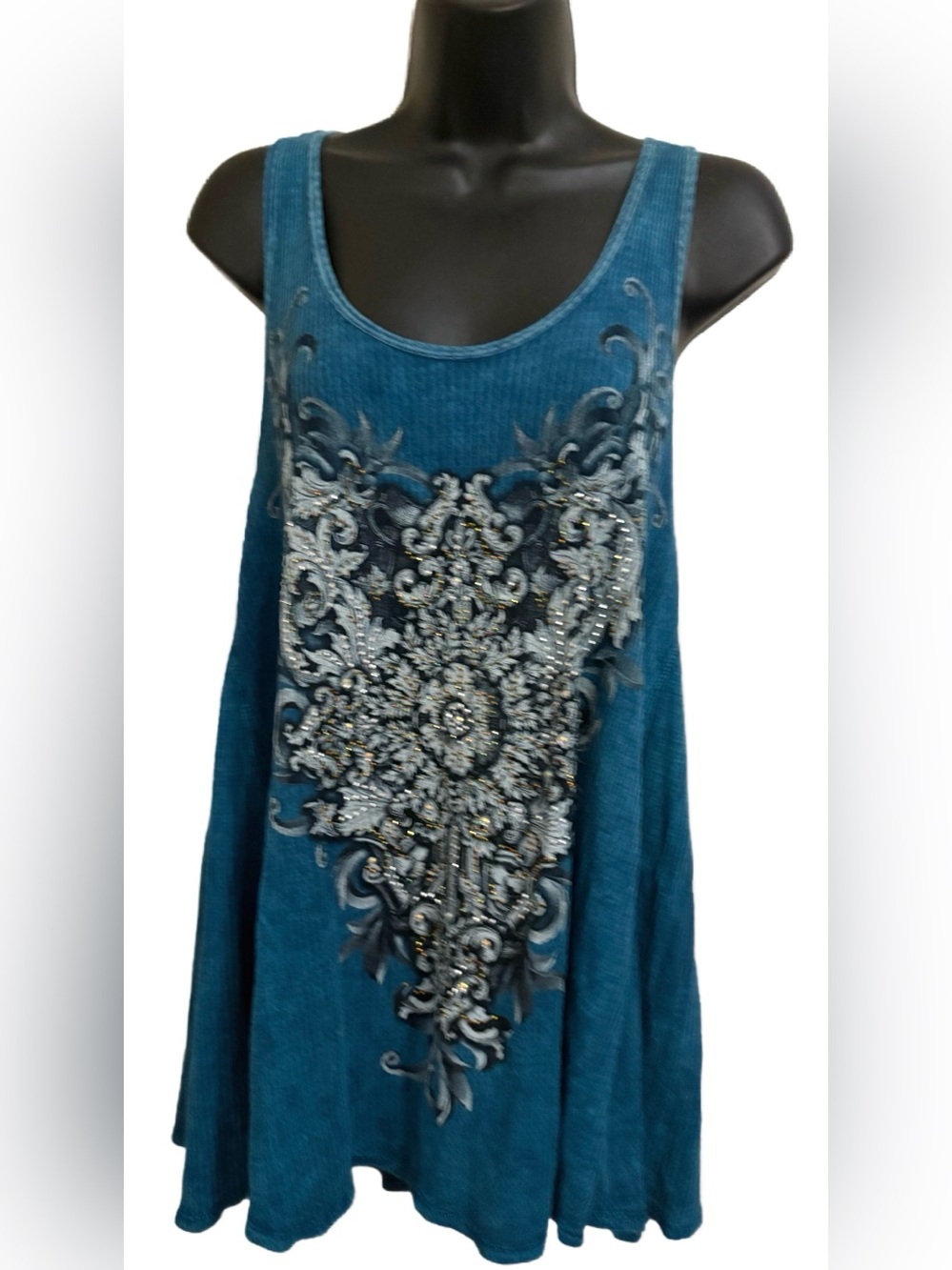 Vocal Teal Embellished Tank Top with Ornate Front⭐️NEW⭐️